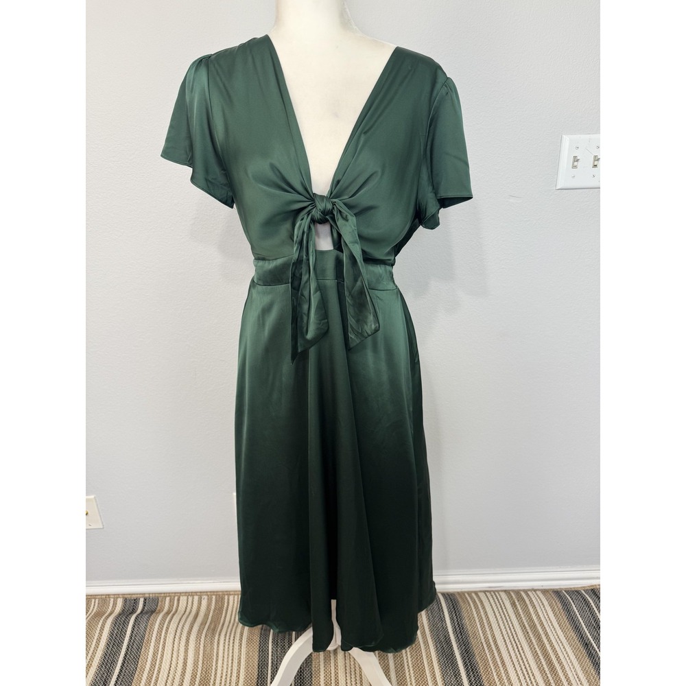 Baltic Born Poppy Dress Women's Large Green Satin Tie Front Midi Flutter Sleeve